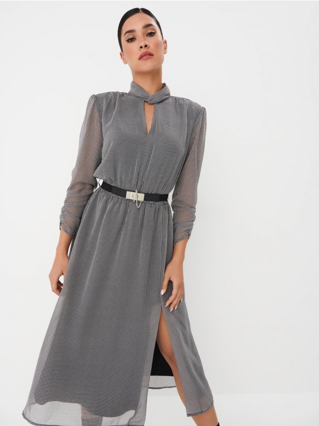 Rochie midi neagră pepit cu guler înalt Mohito - imagine 2