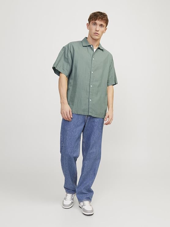 Cămașă oversized cu mânecă scurtă din in bărbați Jack & Jones JORFARO, verde salvie - imagine 3