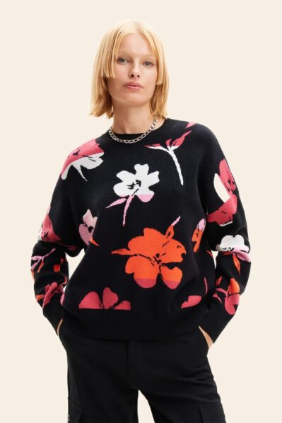 Pulover negru oversize cu flori Desigual Luca