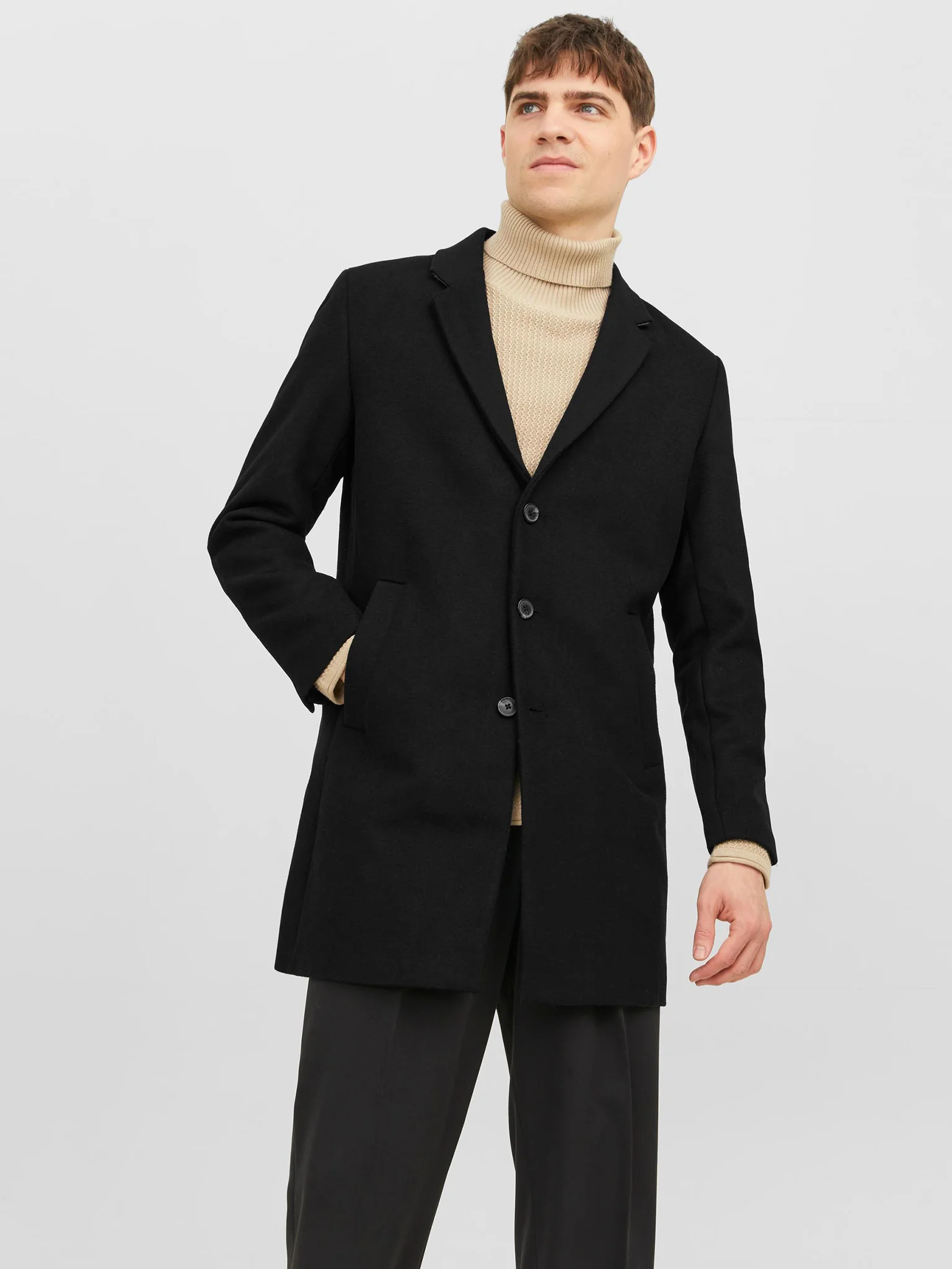 Palton bărbați Jack & Jones negru cu lână, regular fit