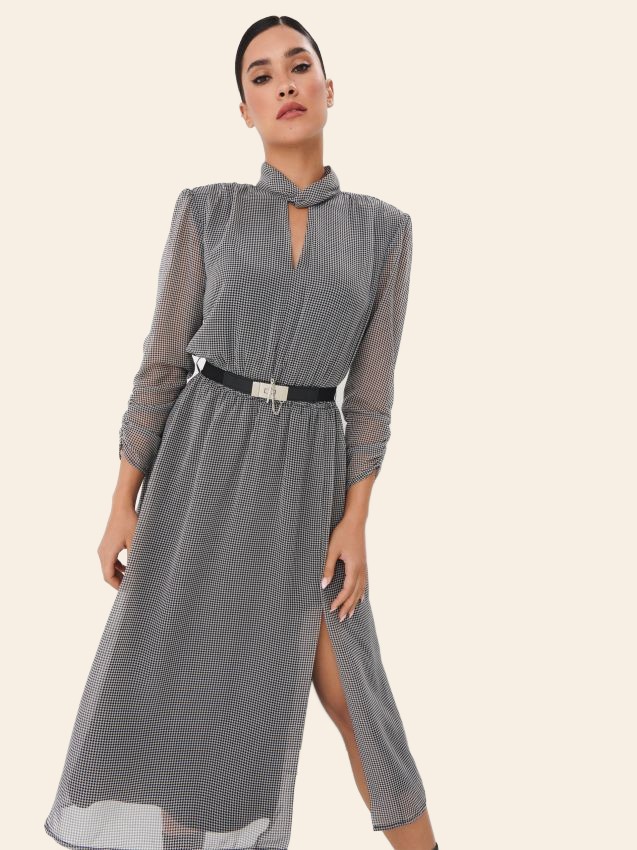 Rochie midi neagră pepit cu guler înalt Mohito